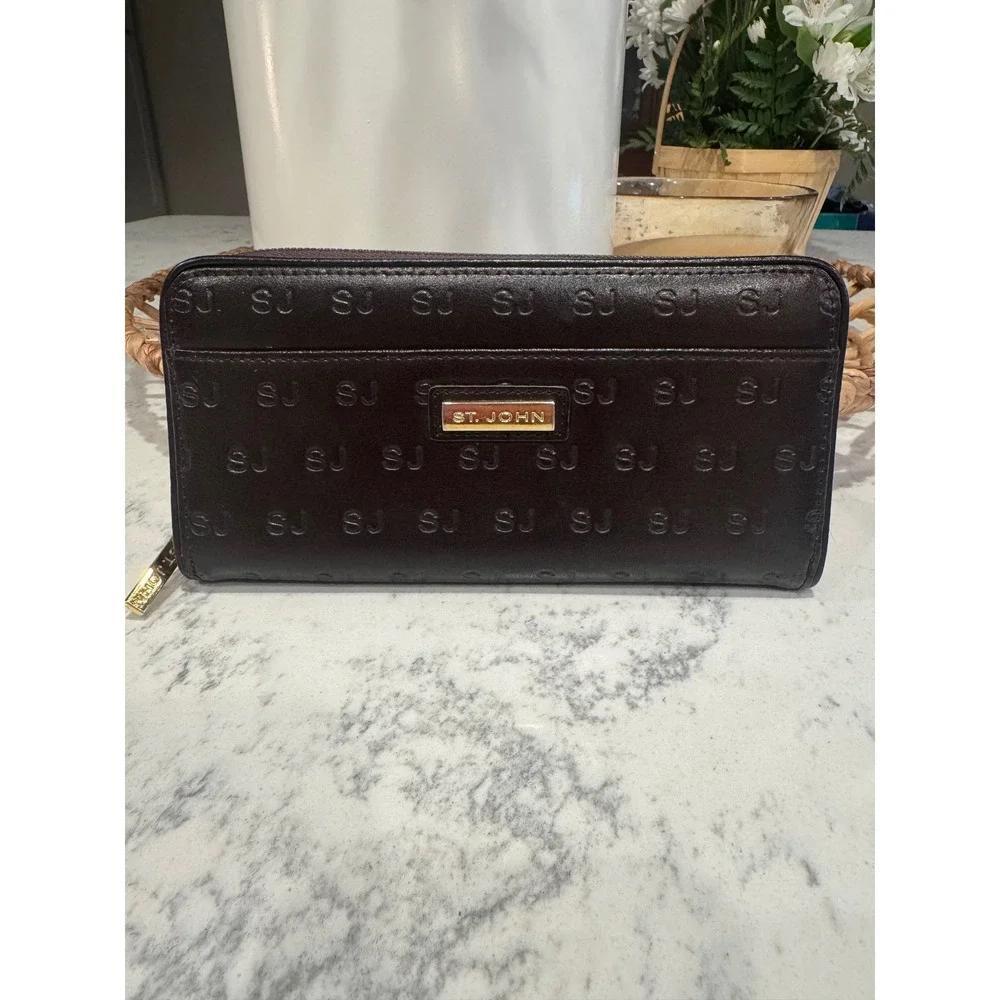St. John Dark Brown SJ Monogram Embossed Leather Zip Around Wallet Gold Hardware